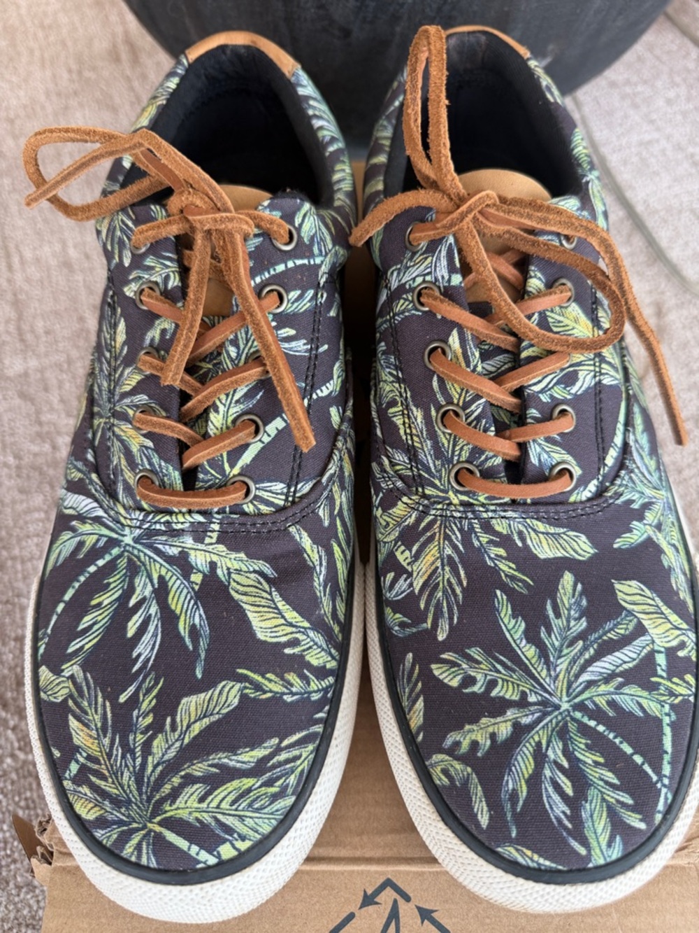 Sperry Black Canvas Sneakers with Green Palm Print and Tan Laces